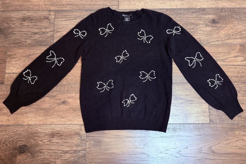 NEW Sofiacashmere Bows Embellished 100% Cashmere Sweater Black Sz Medium NWT